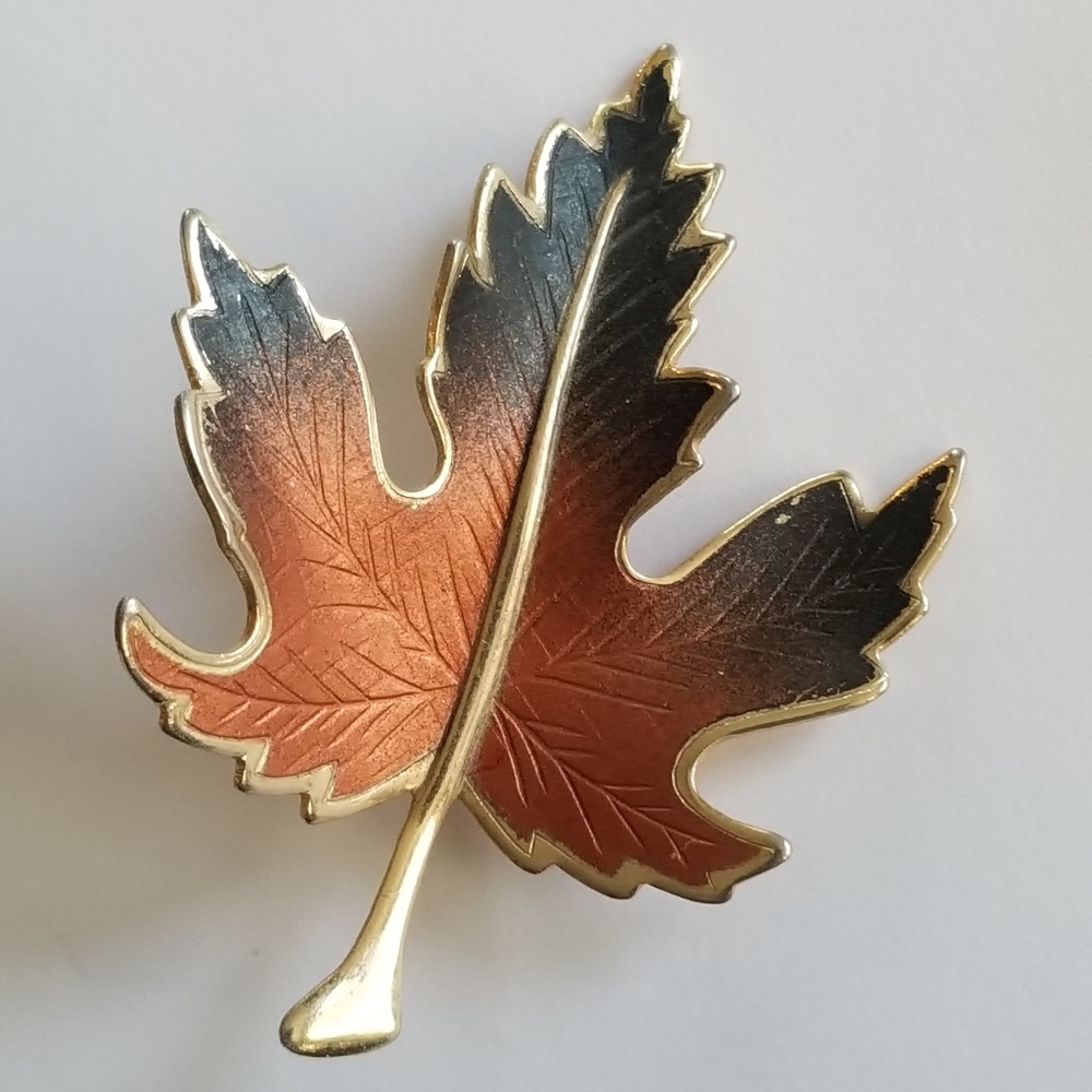 Vintage Fall Leaf brooch orange black gold pin autumn foliage maple